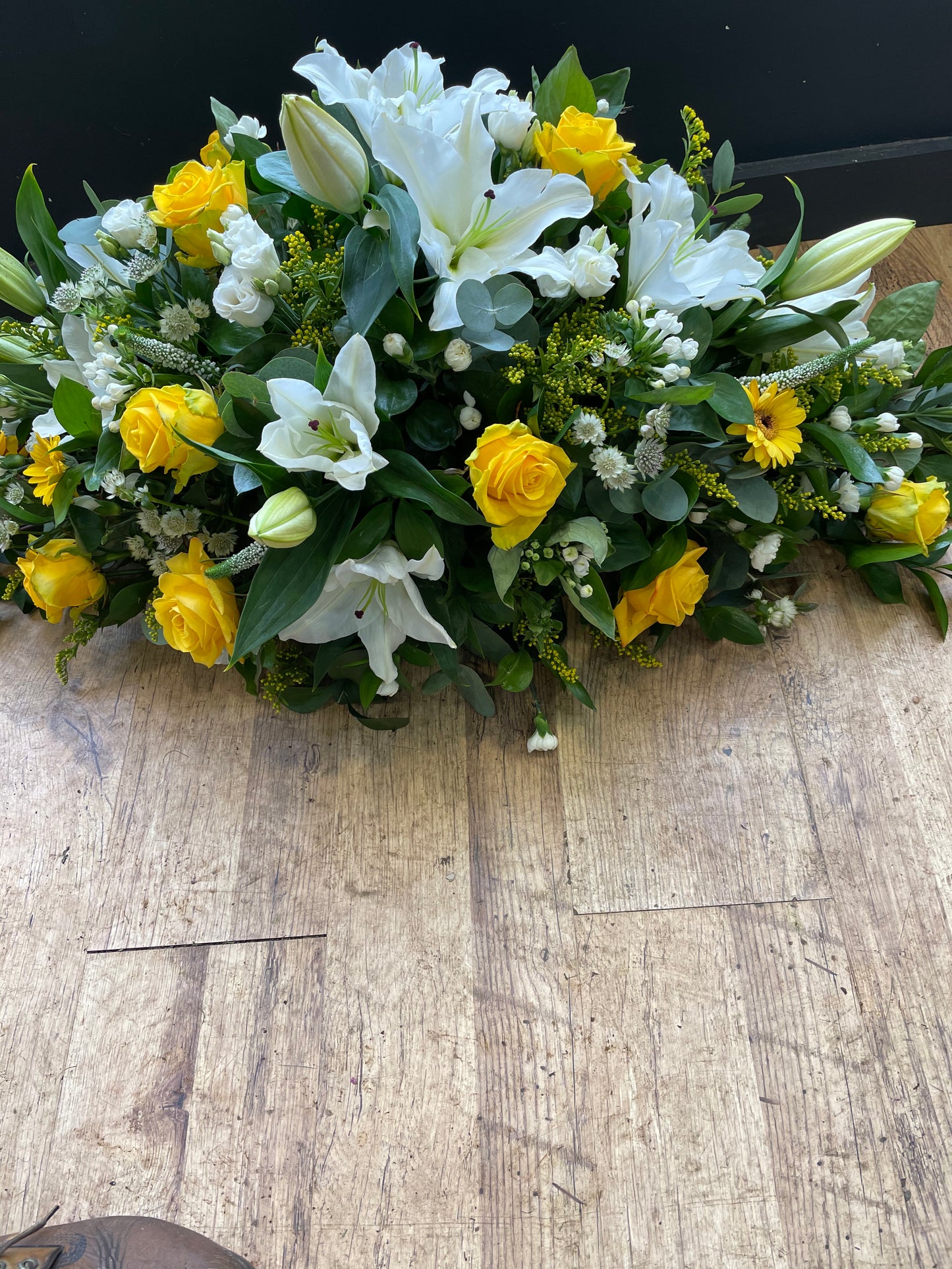 Yellow rose and white lily spray ( casket)