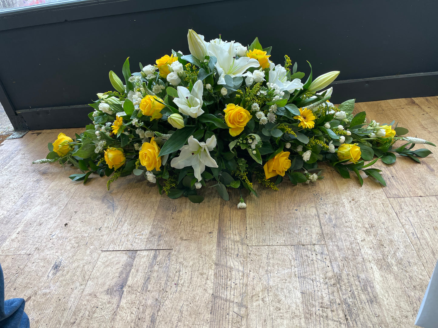 Yellow rose and white lily spray ( casket)